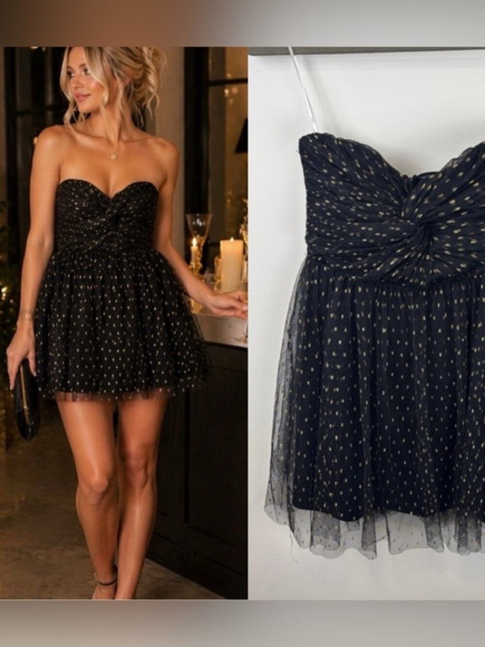 Lulus Black Gold Polka Dot Strapless Tulle Mini Dress XS Party Holiday Wedding